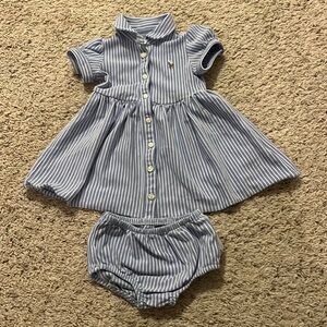 Ralph Lauren, 9 Months, Baby girl blue striped polo dress w/matching bloomers.